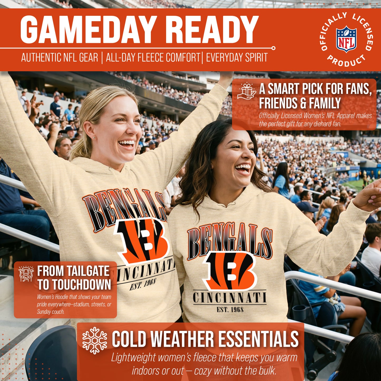Cincinnati Bengals Ladies NFL Starstruck Fleece Pullover Hooded Sweatshirt - Cream