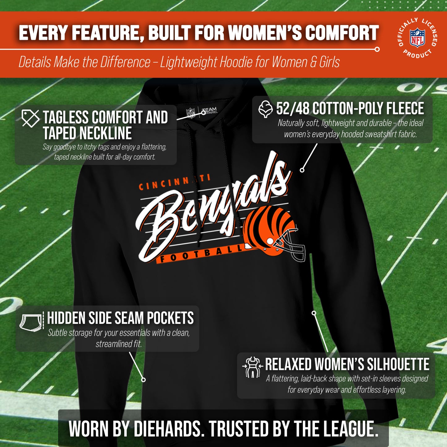Cincinnati Bengals Ladies NFL Scrimmage Line Fleece Pullover Hooded Sweatshirt - Black
