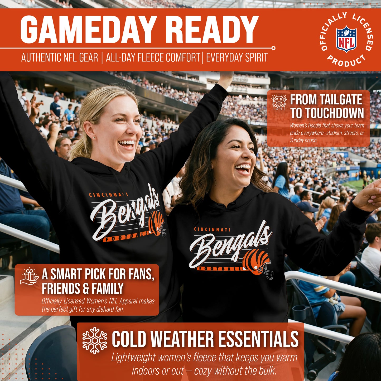Cincinnati Bengals Ladies NFL Scrimmage Line Fleece Pullover Hooded Sweatshirt - Black