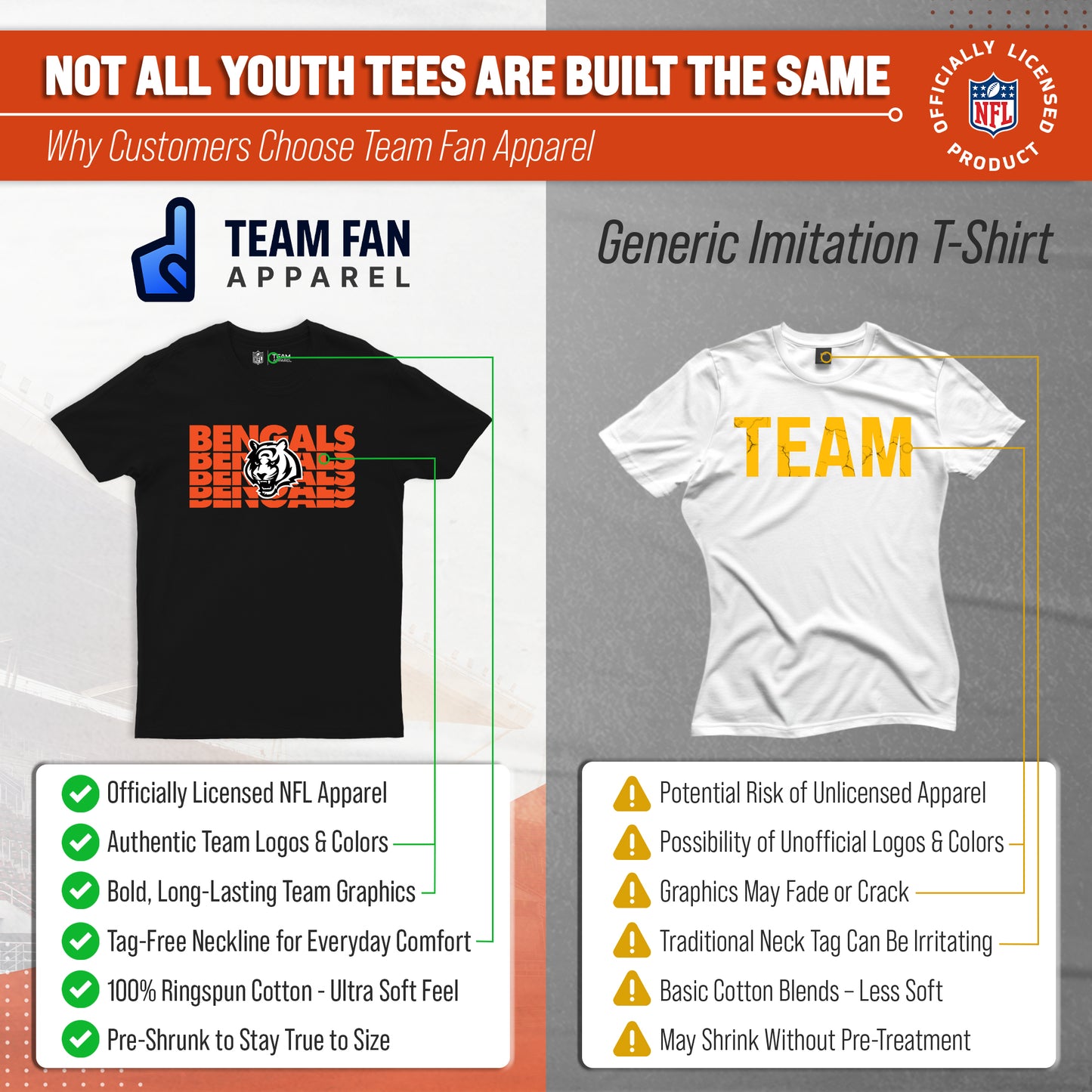 Cincinnati Bengals NFL Youth Repeating Logo Football T-Shirt Unisex Tag Free Comfortable - Black
