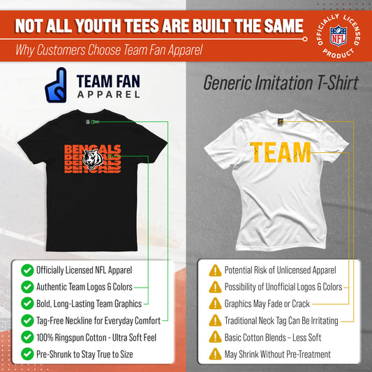 Cincinnati Bengals NFL Youth Repeating Logo Football T-Shirt Unisex Tag Free Comfortable - Black