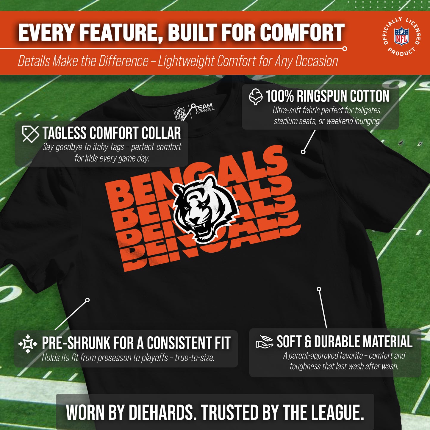 Cincinnati Bengals NFL Youth Repeating Logo Football T-Shirt Unisex Tag Free Comfortable - Black