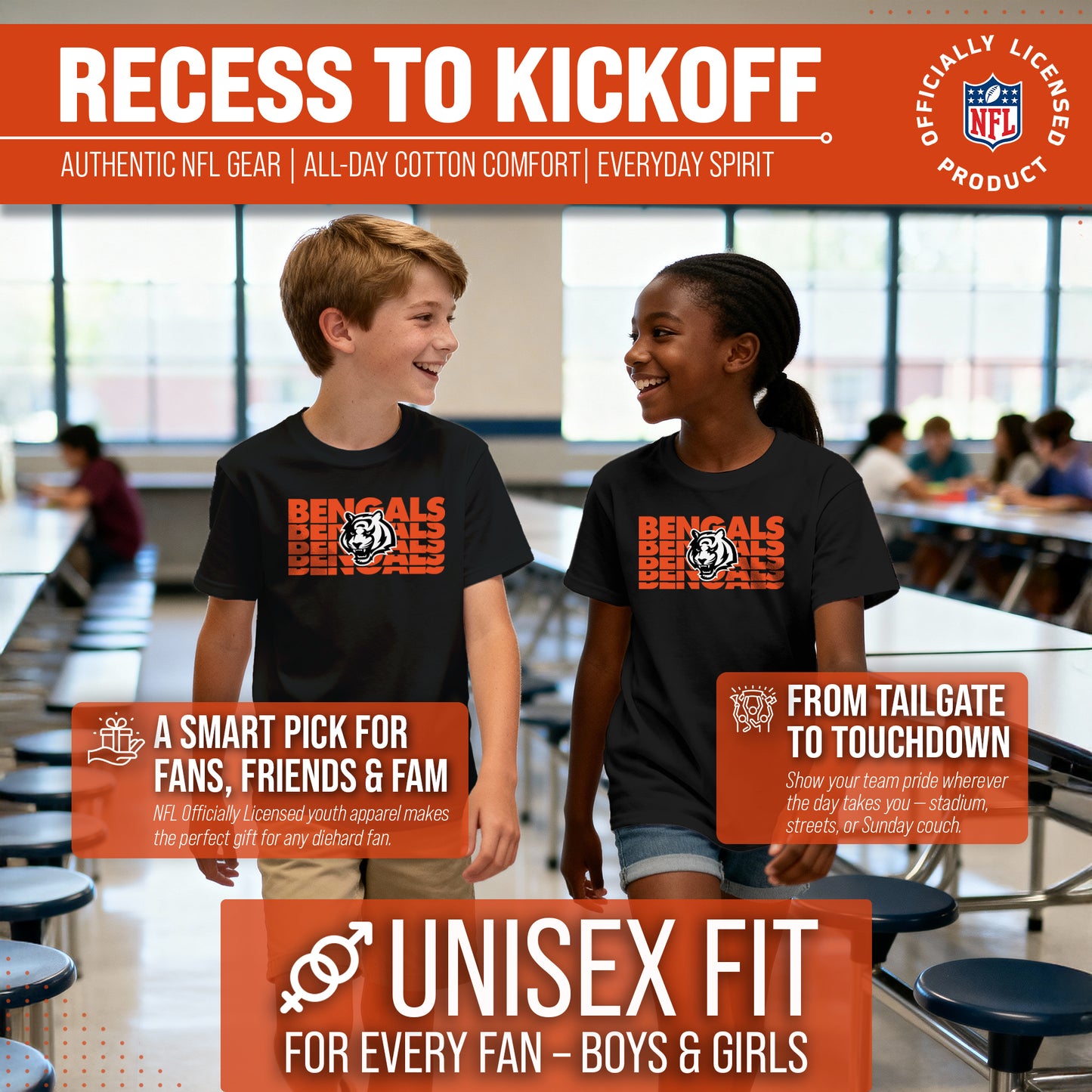 Cincinnati Bengals NFL Youth Repeating Logo Football T-Shirt Unisex Tag Free Comfortable - Black