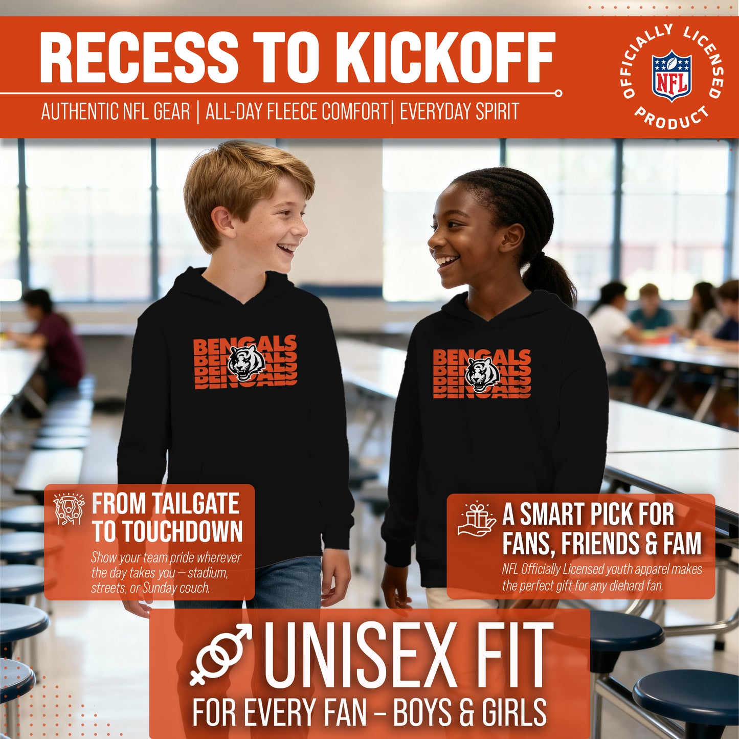 Cincinnati Bengals NFL Youth Repeating Logo Football Fleece Hooded Sweatshirt - Black