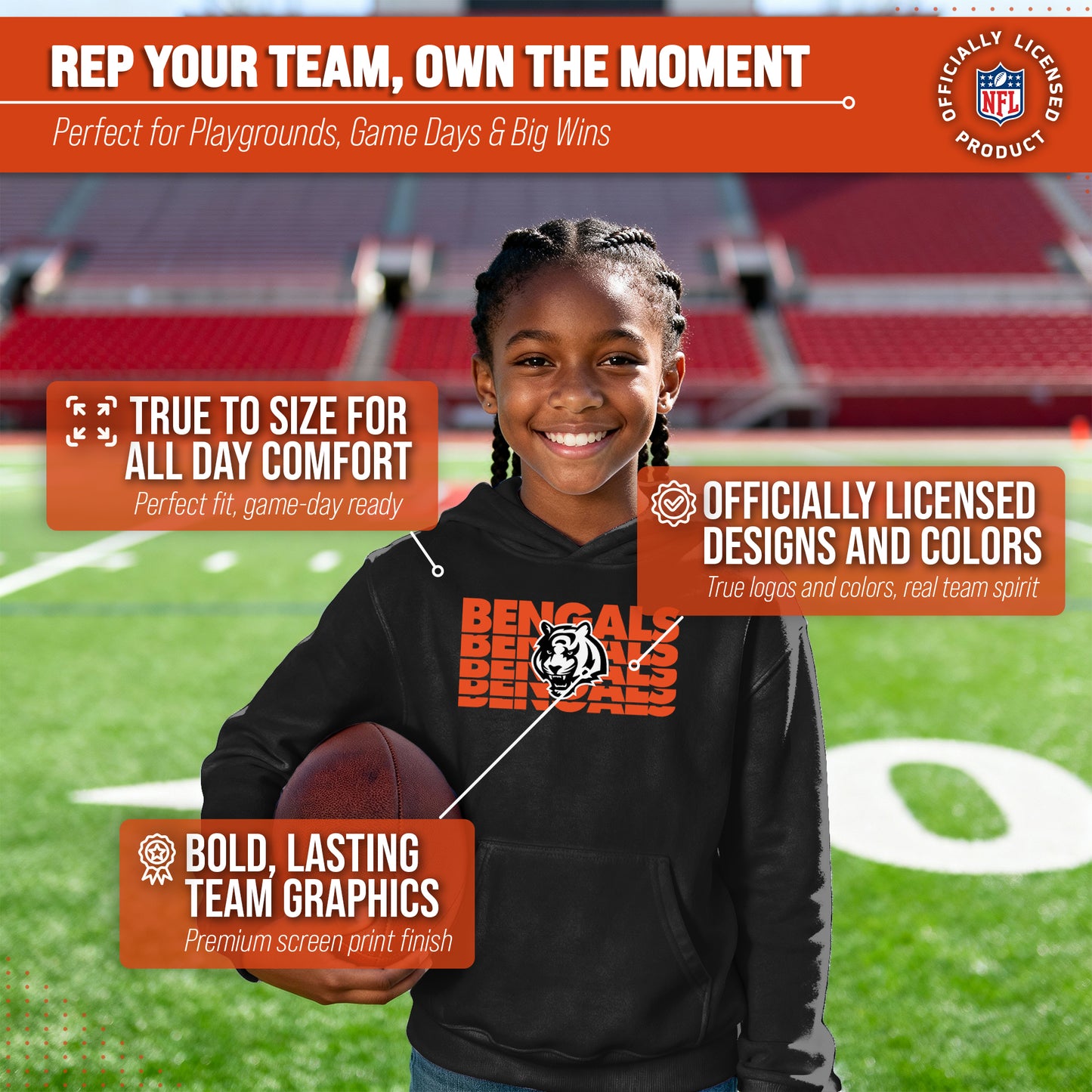 Cincinnati Bengals NFL Youth Repeating Logo Football Fleece Hooded Sweatshirt - Black