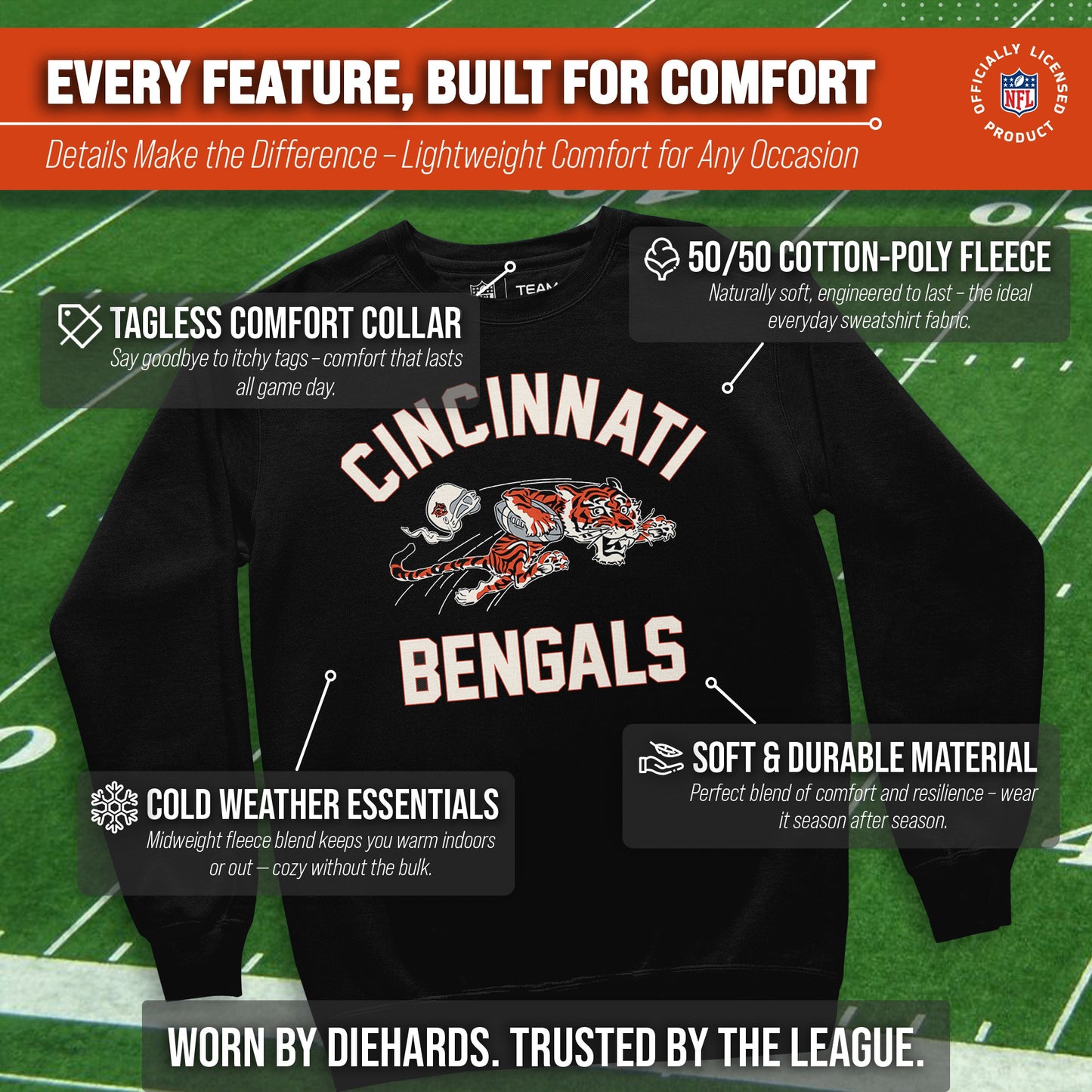 Cincinnati Bengals NFL Adult Unisex Retro Gameday Ultra Soft Fleece Crewneck Sweatshirt - Black