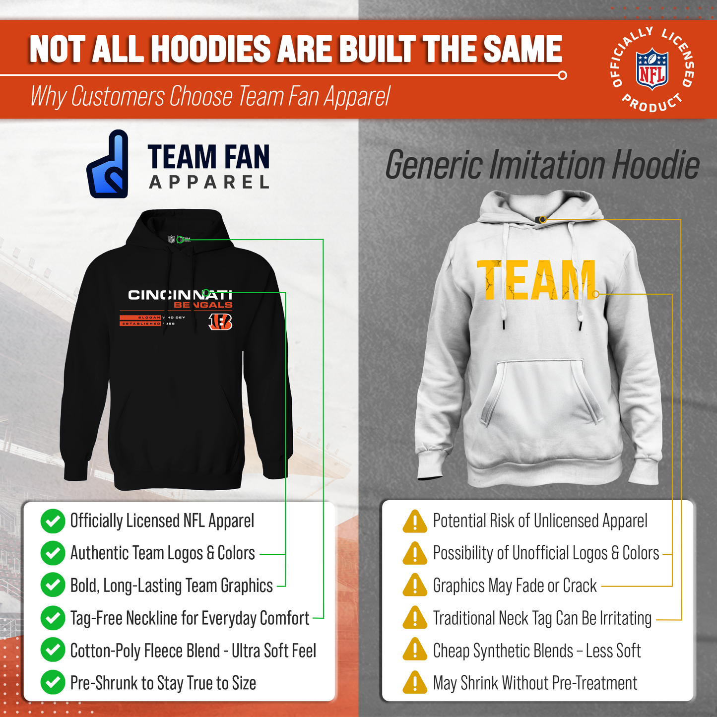 Cincinnati Bengals Adult NFL Speed Stat Sheet Fleece Hooded Sweatshirt - Black