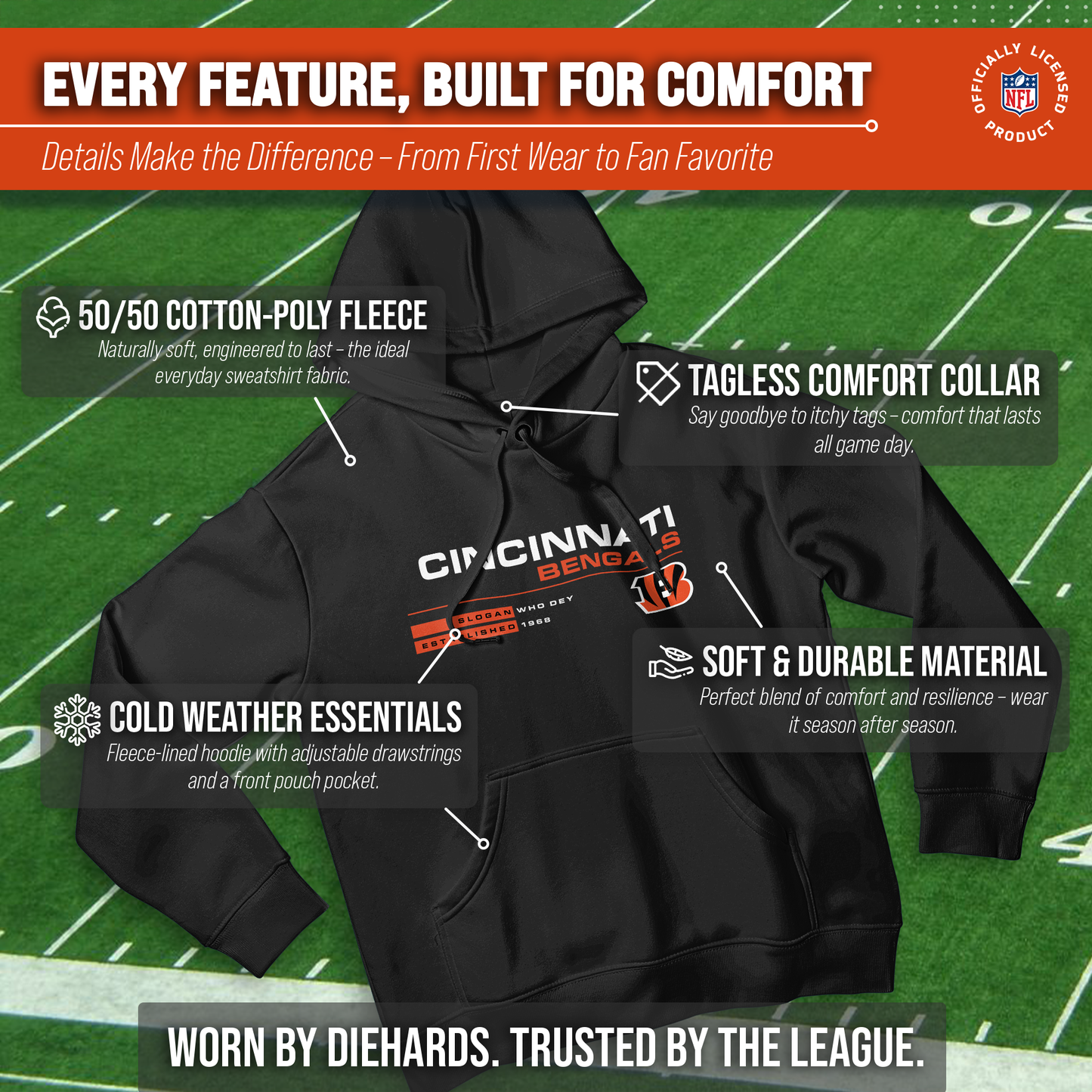 Cincinnati Bengals Adult NFL Speed Stat Sheet Fleece Hooded Sweatshirt - Black