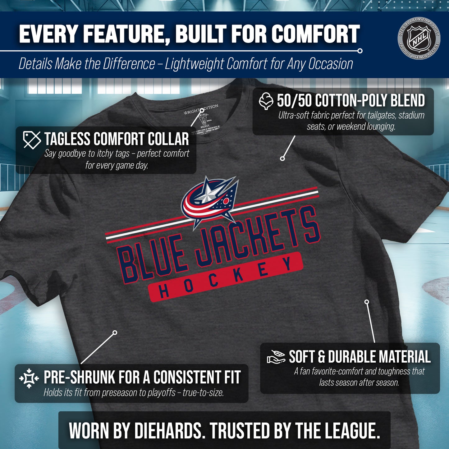 Columbus Blue Jackets Adult NHL Heather Charcoal True Fan Hockey T-Shirt - Charcoal