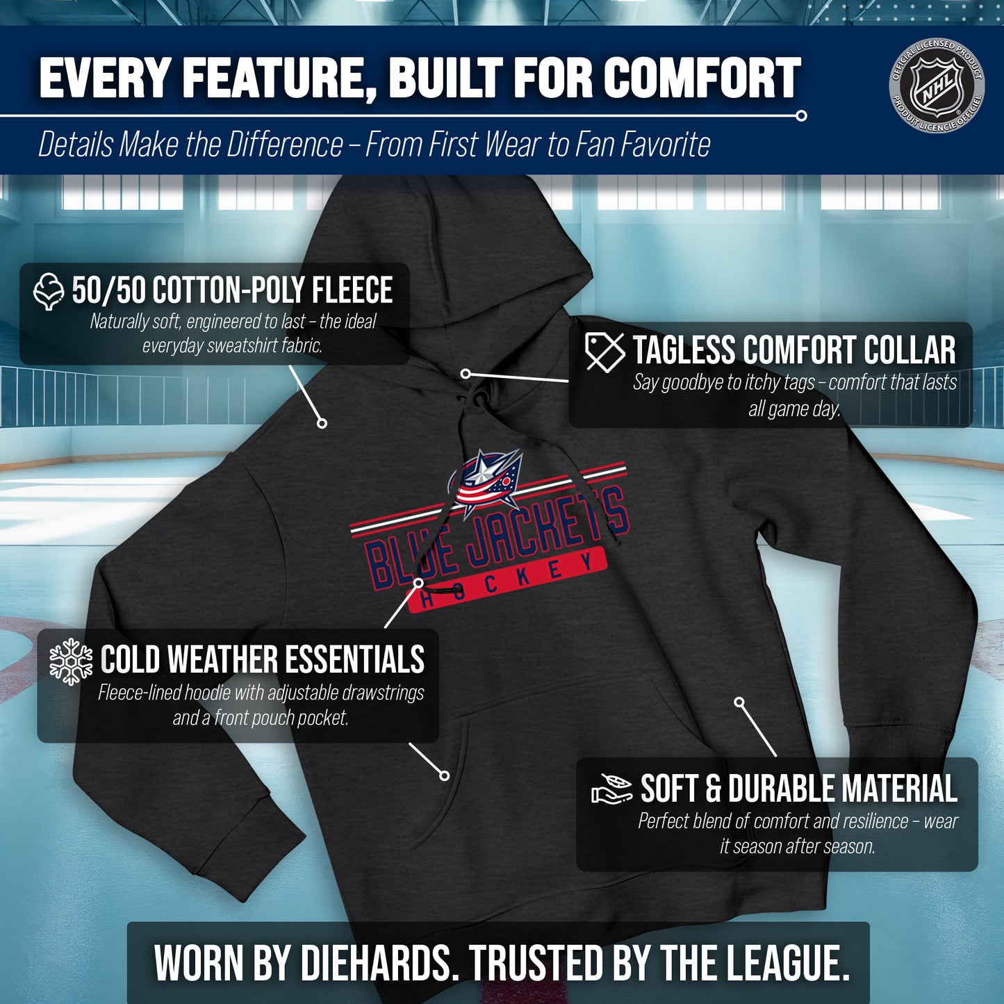 Columbus Blue Jackets NHL Adult Heather Charcoal True Fan Hooded Sweatshirt Unisex - Charcoal