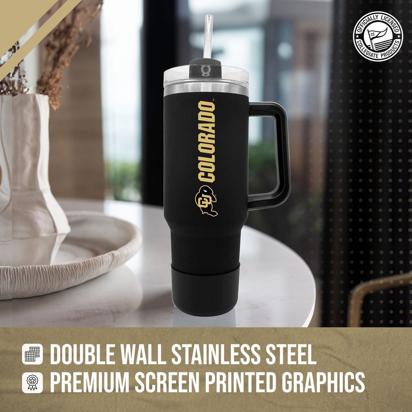 Colorado Buffaloes College & University 40 oz Travel Tumbler With Handle - Black