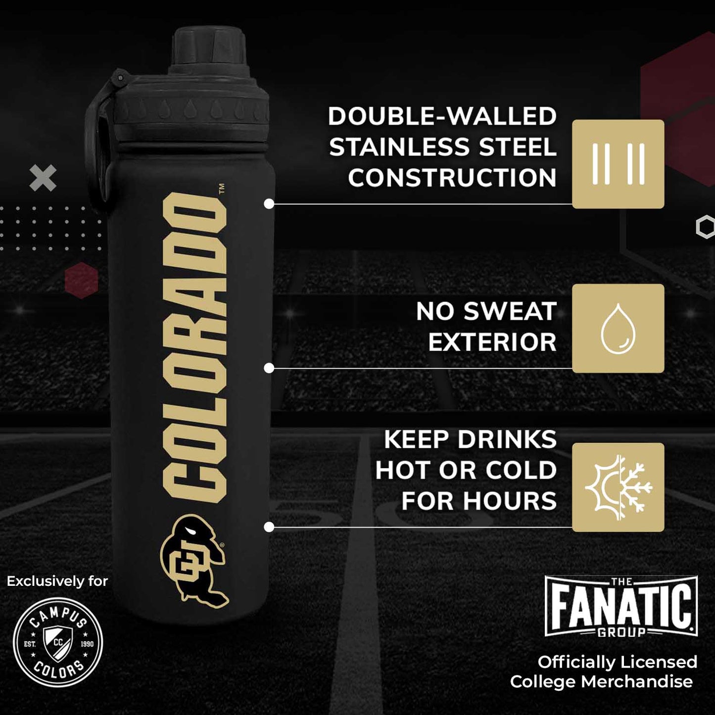 Colorado Buffaloes NCAA Stainless Steel Water Bottle - Black