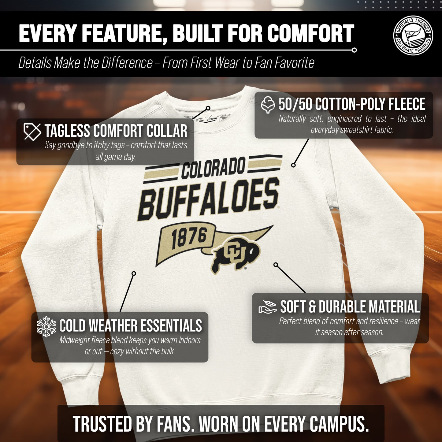 Colorado Buffaloes NCAA Adult Unisex Varsity Club Pennant Crewneck Fleece Sweatshirt - Off White