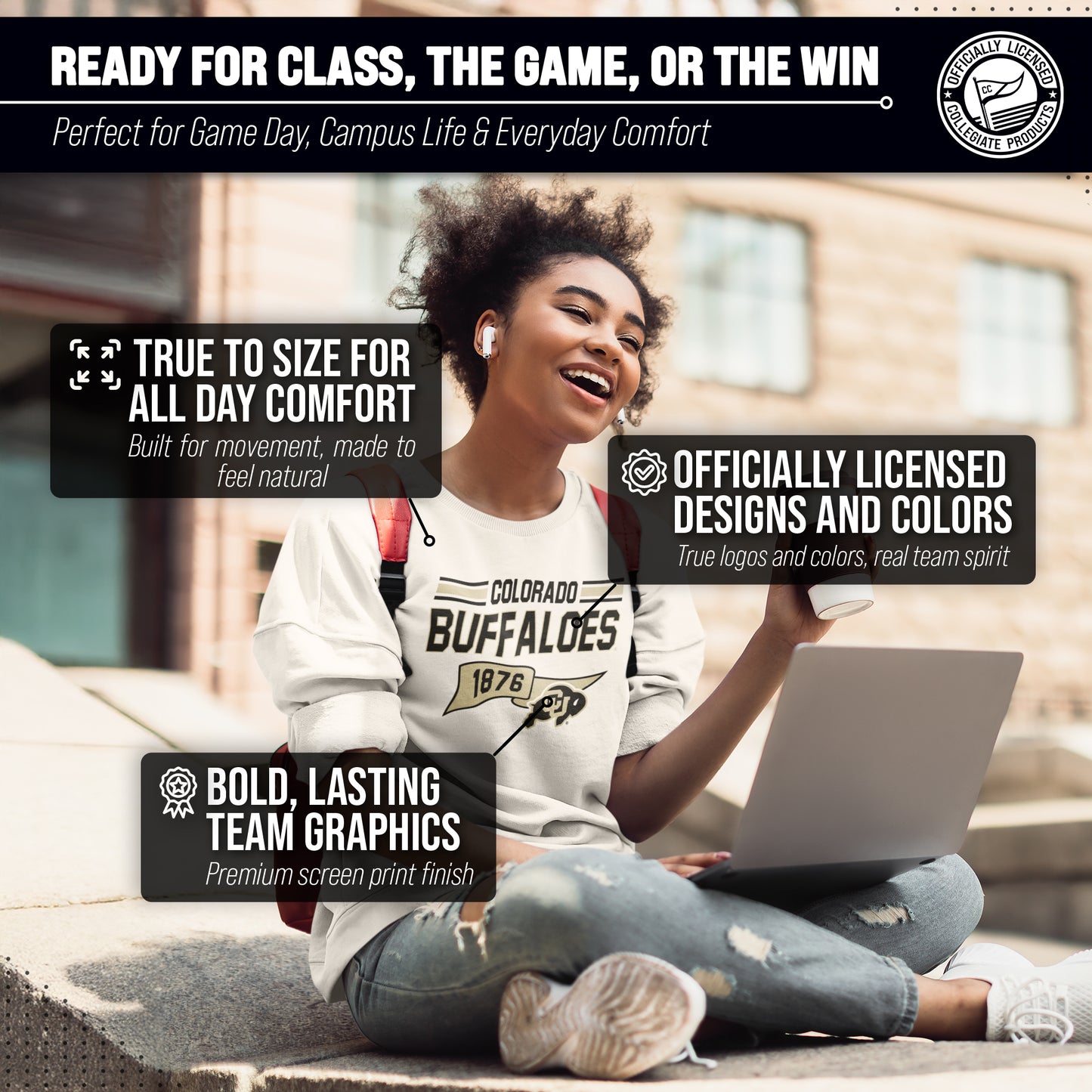 Colorado Buffaloes NCAA Adult Unisex Varsity Club Pennant Crewneck Fleece Sweatshirt - Off White