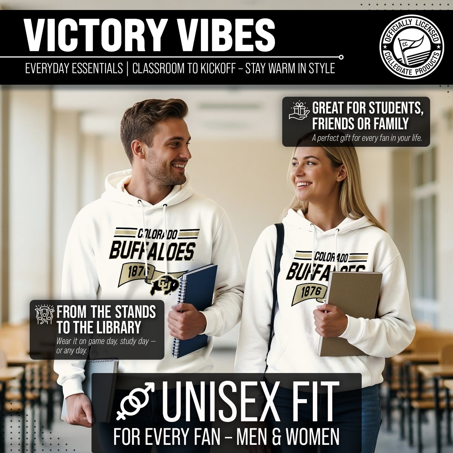 Colorado Buffaloes NCAA Adult Unisex Varsity Club Pennant Hooded Fleece Sweatshirt - Off White