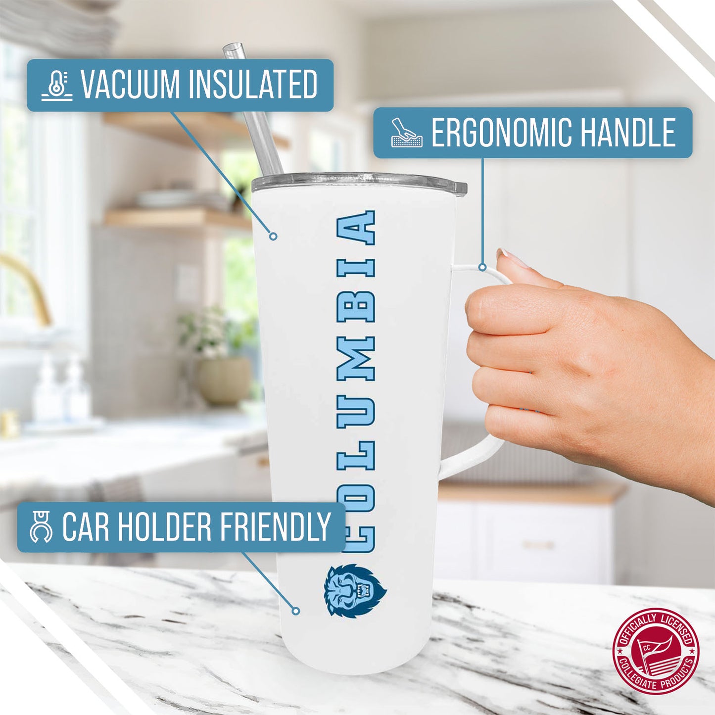 Columbia Lions NCAA Stainless Steel 20oz Roadie With Handle & Dual Option Lid With Straw - White