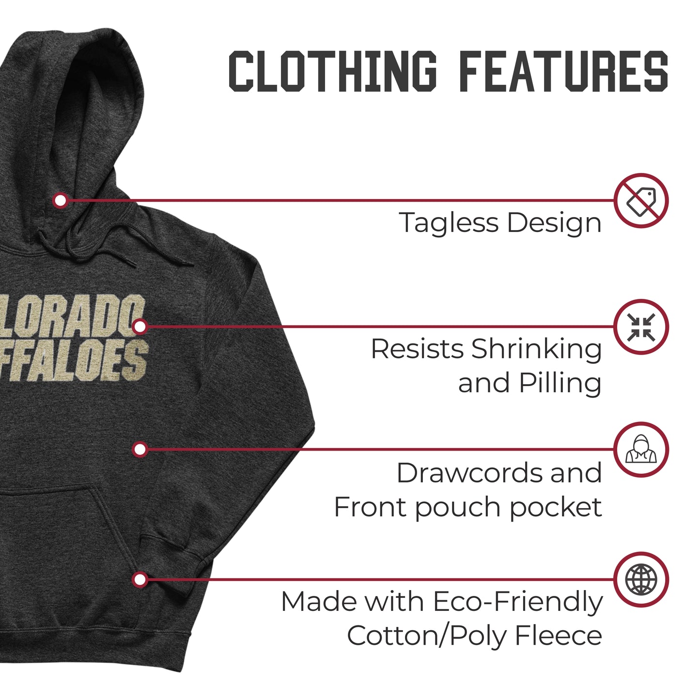 Colorado Buffaloes NCAA Adult Cotton Blend Charcoal Hooded Sweatshirt - Charcoal