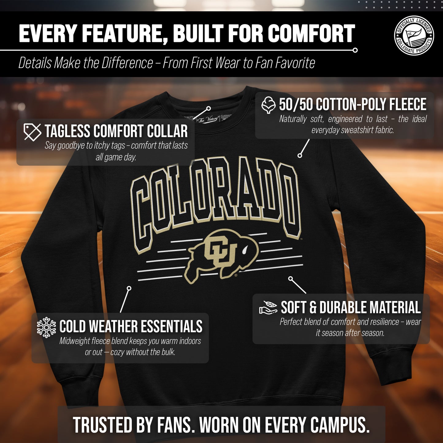 Colorado Buffaloes NCAA Adult Unisex Overtime Classics Crewneck Fleece Sweatshirt - Black