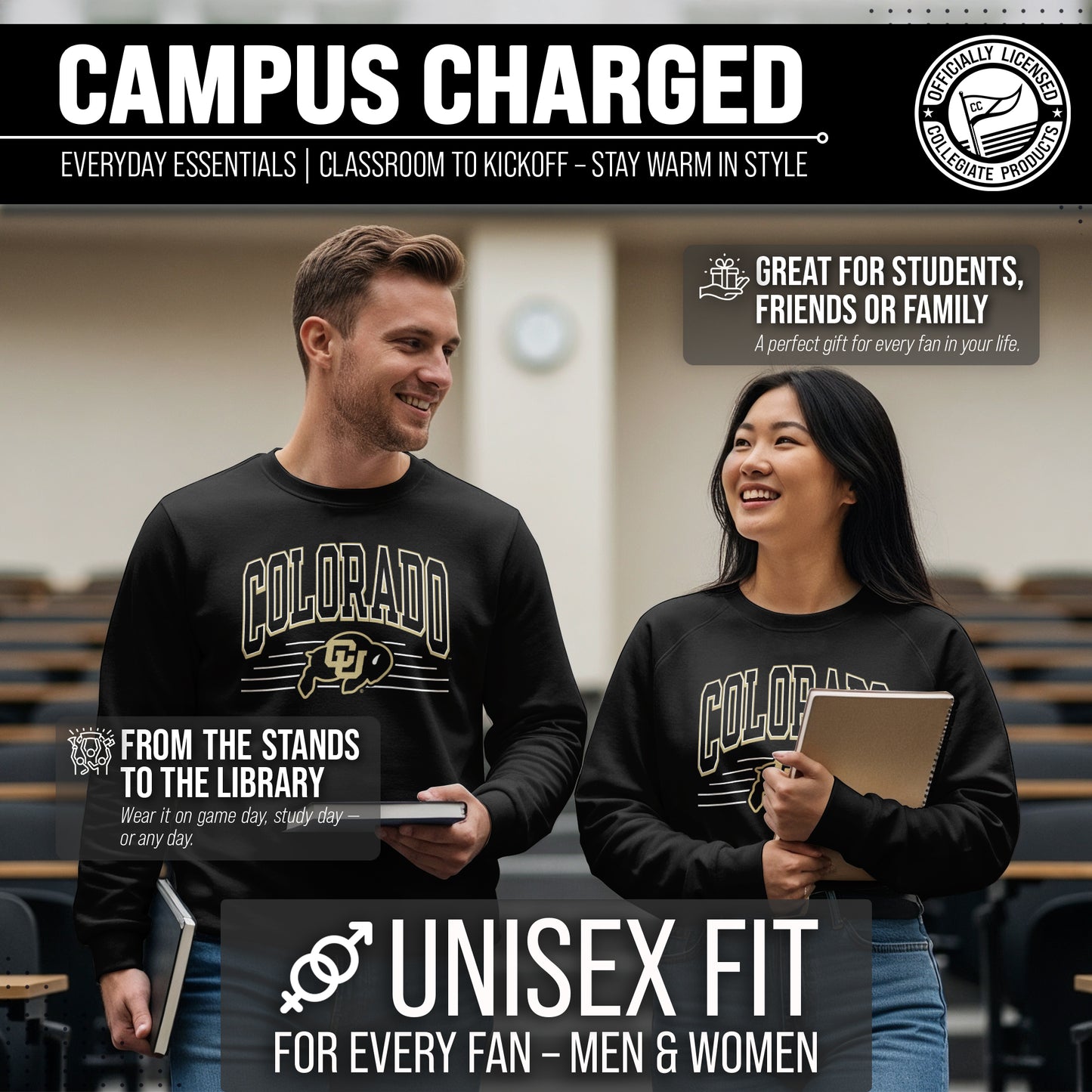 Colorado Buffaloes NCAA Adult Unisex Overtime Classics Crewneck Fleece Sweatshirt - Black