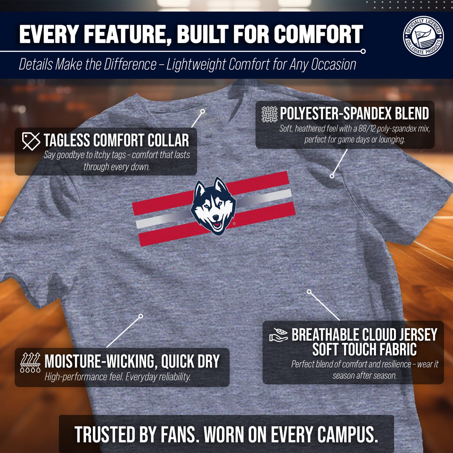 UCONN Huskies Unisex NCAA Scholarship Cloud Jersey Athletic Short Sleeve Performance Tee - Navy Heather