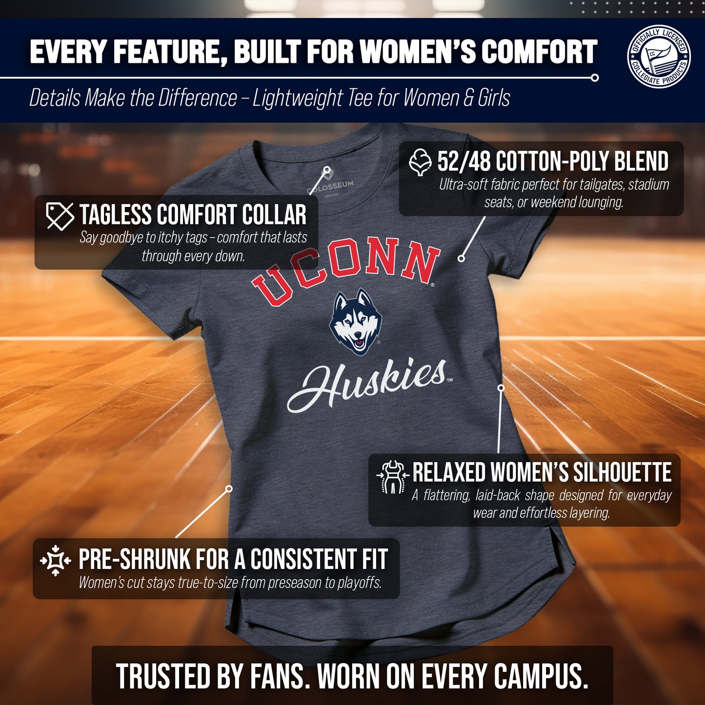 UCONN Huskies NCAA Womens Tag-Less Ultra Soft Tailgate T-Shirt - Navy Heather
