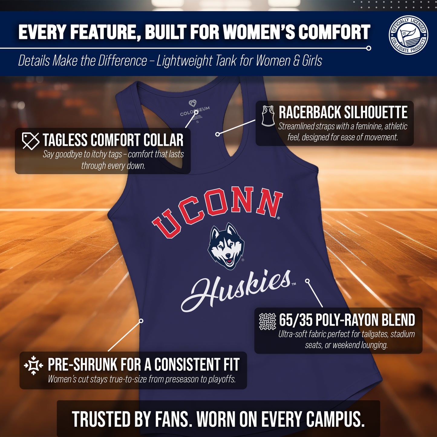 UCONN Huskies NCAA Womens Tag-Less Ultra Soft Tailgate Tank Top - Navy Heather