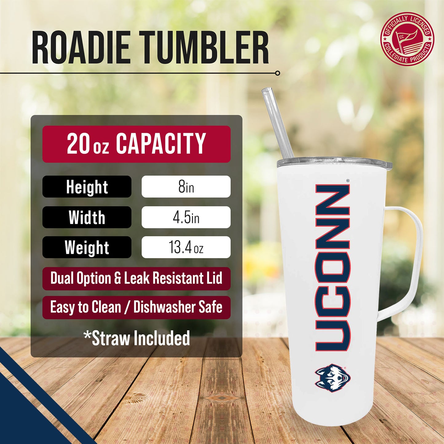 UCONN Huskies NCAA Stainless Steel 20oz Roadie With Handle & Dual Option Lid With Straw - White