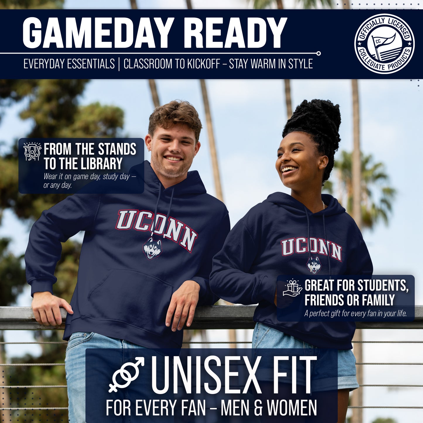 UCONN Huskies Adult Arch & Logo Soft Style Gameday Hooded Sweatshirt - Navy
