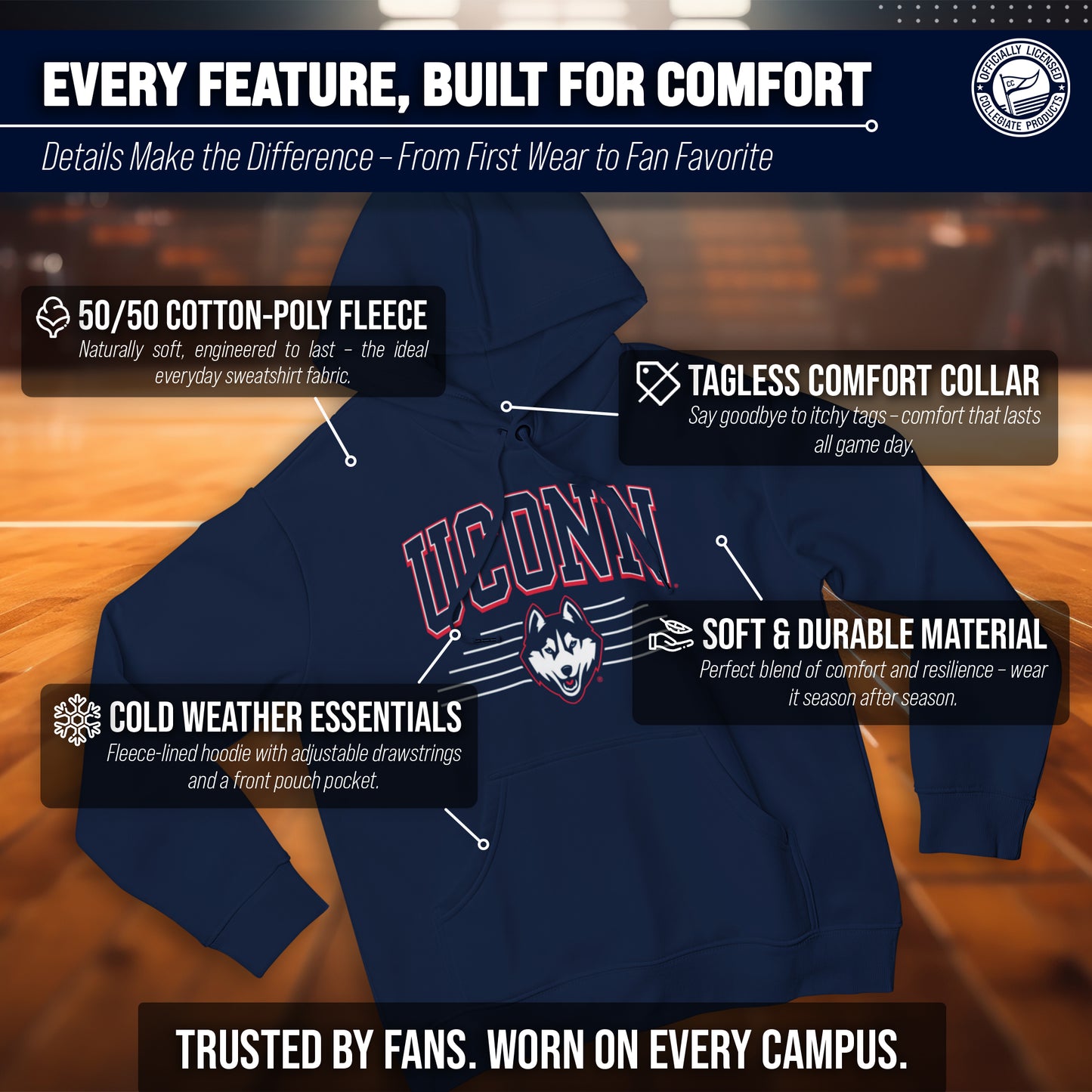 UCONN Huskies NCAA Adult Unisex Overtime Classics Hooded Fleece Sweatshirt - Navy