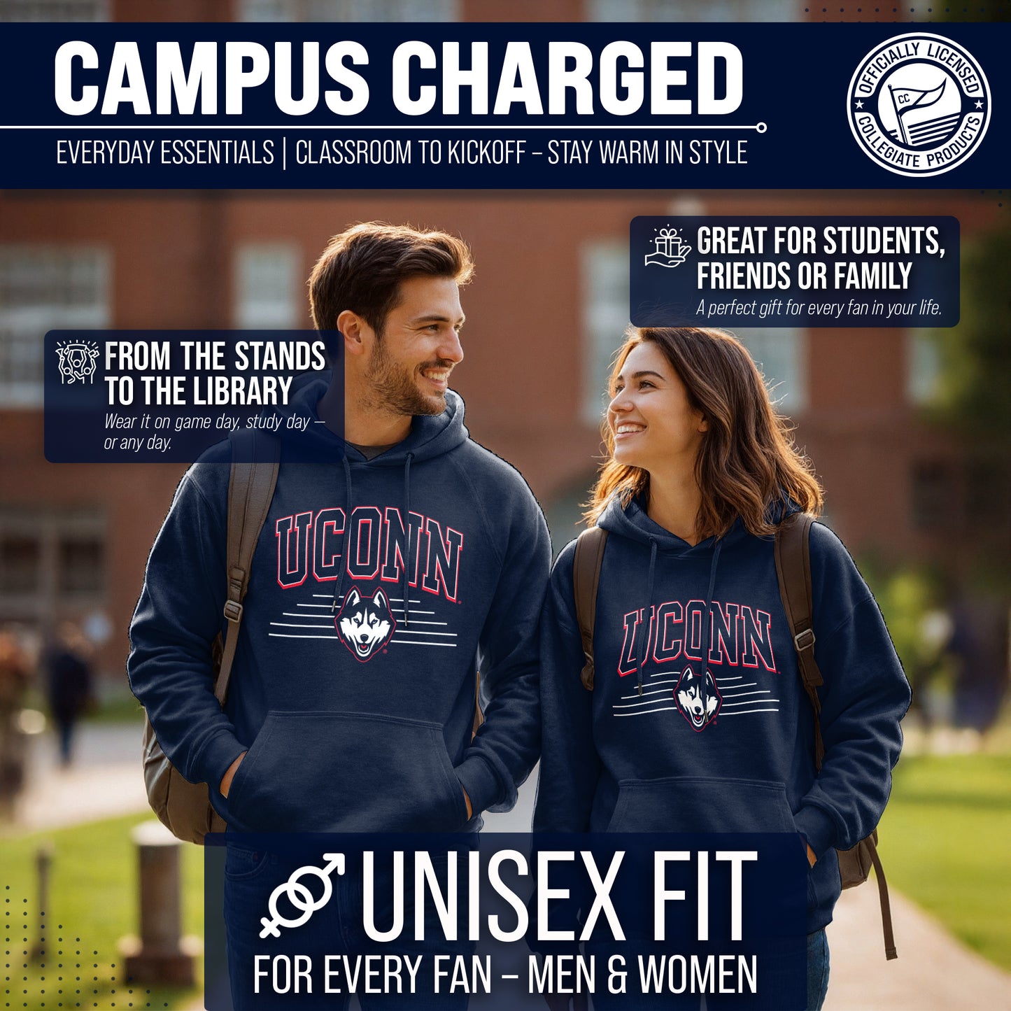 UCONN Huskies NCAA Adult Unisex Overtime Classics Hooded Fleece Sweatshirt - Navy
