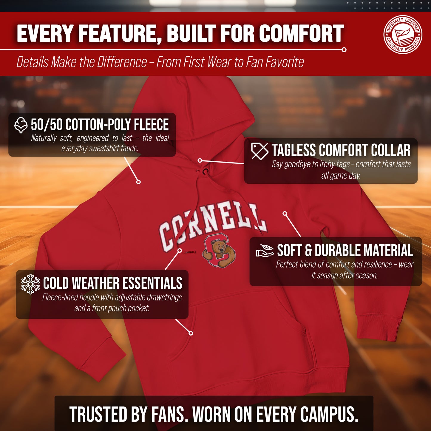 Cornell Big Red Campus Colors Adult Arch & Logo Soft Style Gameday Hooded Sweatshirt  - Red