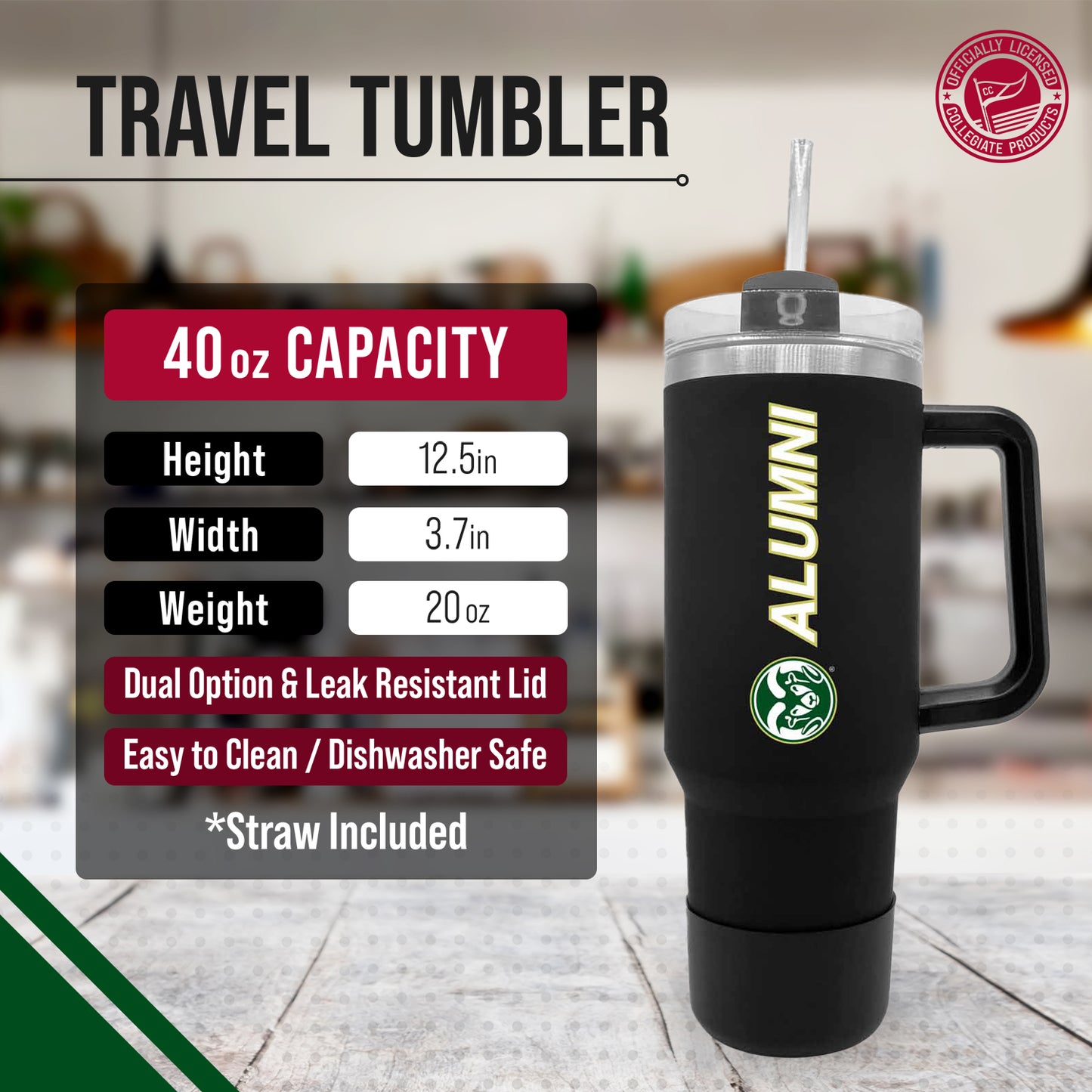 Colorado State Rams Collegiate 40oz Stainless Steel Travel Tumbler with Handle for Alumni - Black