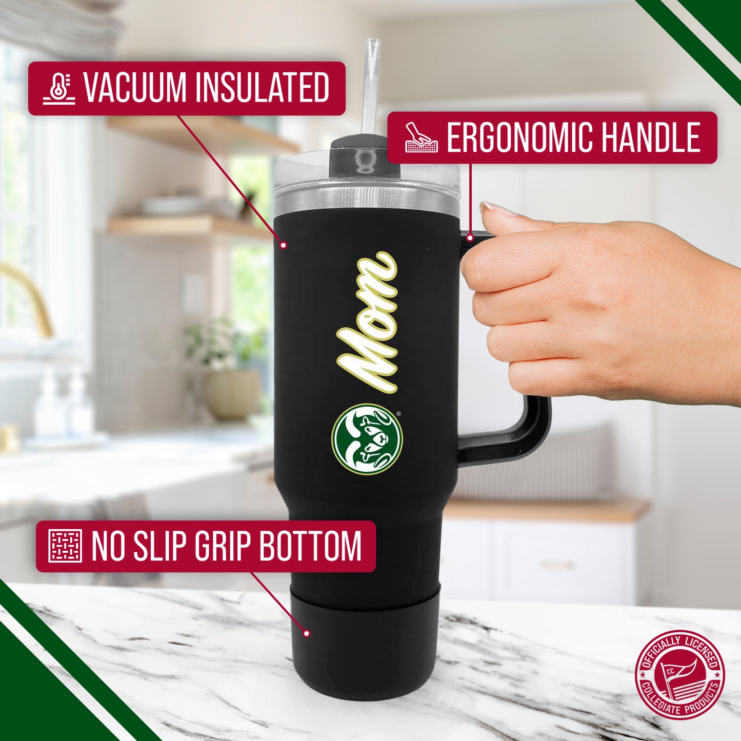 Colorado State Rams Collegiate 40oz Stainless Steel Travel Tumbler with Handle for Mom - Black