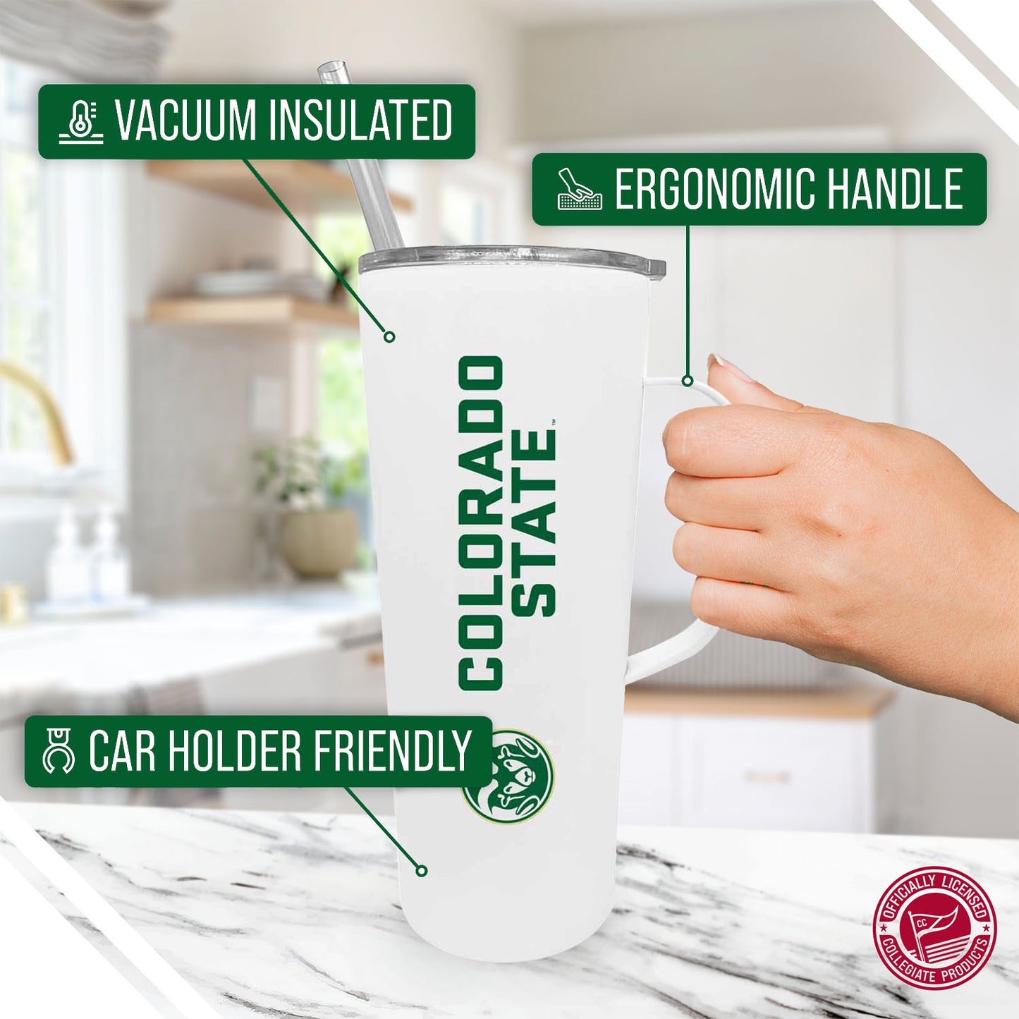 Colorado State Rams NCAA Stainless Steel 20oz Roadie With Handle & Dual Option Lid With Straw - White