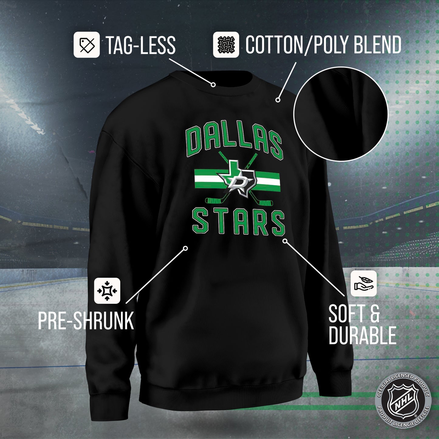 Dallas Stars Adult NHL Faceoff Hockey Fleece Crewneck Sweatshirt - Black