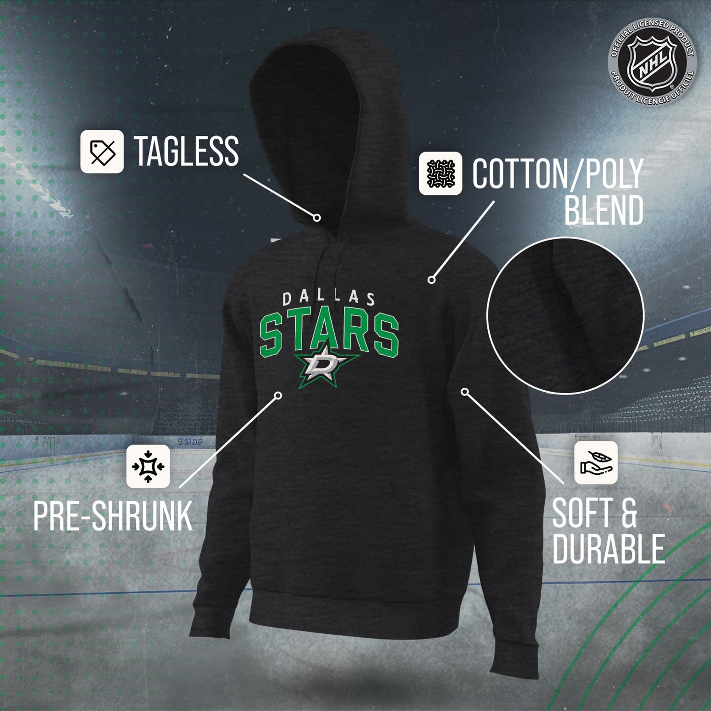 Dallas Stars NHL Adult Unisex Powerplay Hooded Sweatshirt - Black Heather
