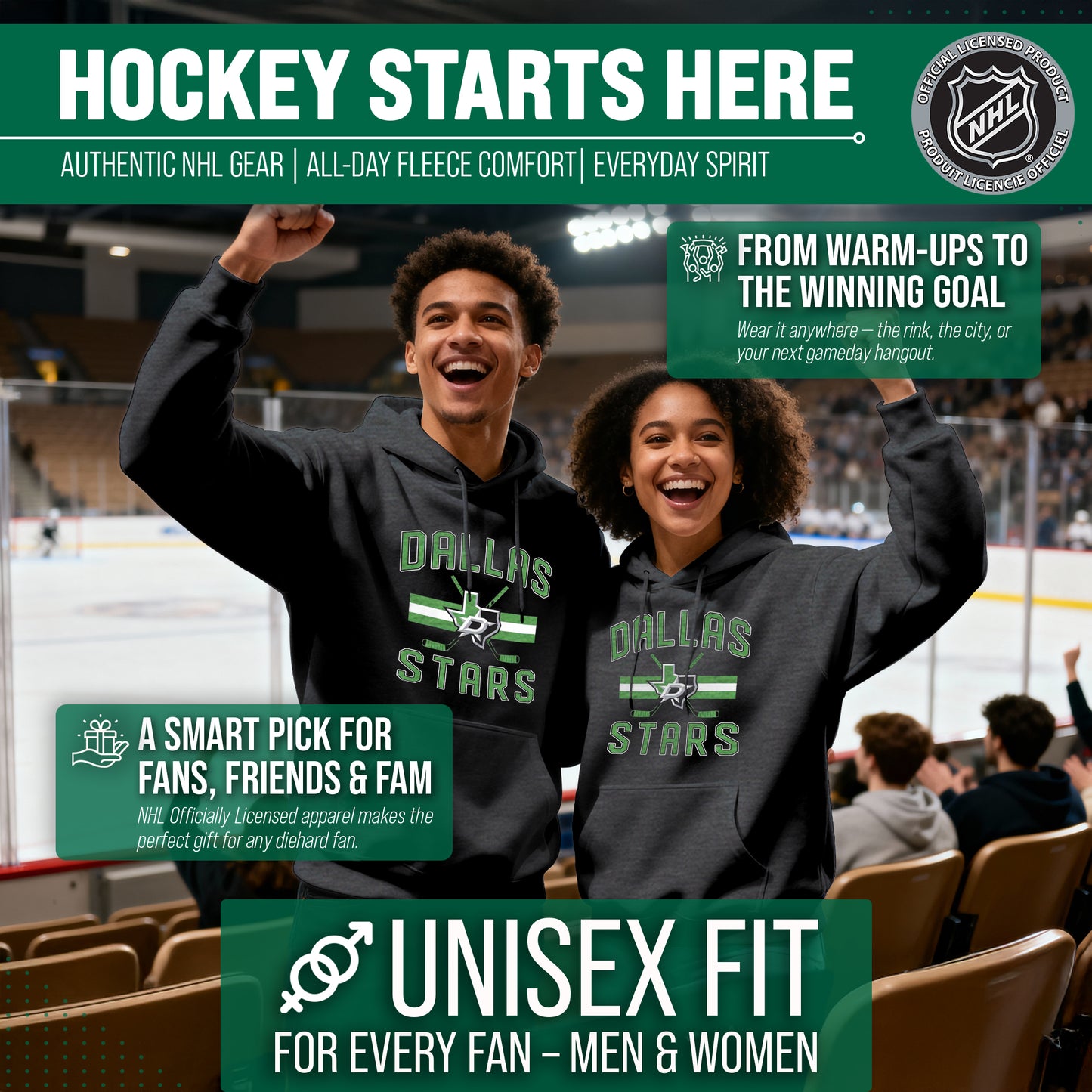 Dallas Stars Adult NHL Faceoff Hockey Fleece Hooded Sweatshirt- Jersey Stripe - Black