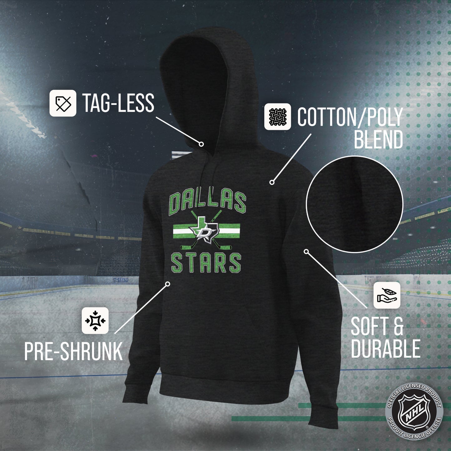 Dallas Stars Adult NHL Faceoff Hockey Fleece Hooded Sweatshirt- Jersey Stripe - Black