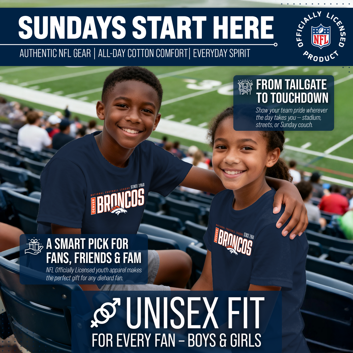 Denver Broncos NFL Youth Modern Endzone Football T-Shirt Unisex Tag Free Comfortable - Navy