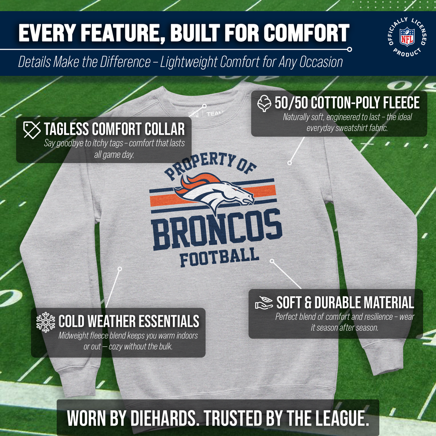 Denver Broncos NFL Adult Property Of Crewneck Fleece Sweatshirt - Sport Gray