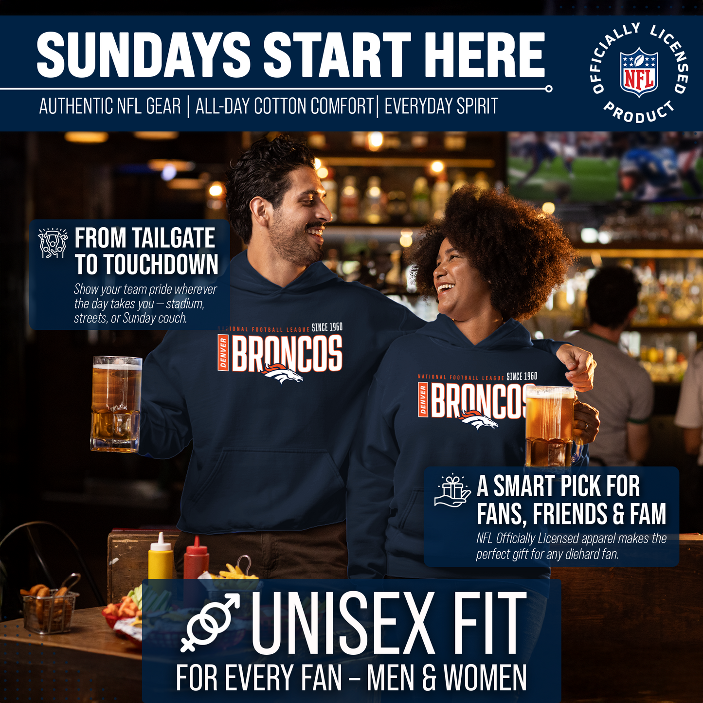 Denver Broncos NFL Adult Unisex Modern Endzone Soft Fleece Hooded Sweatshirt - Navy