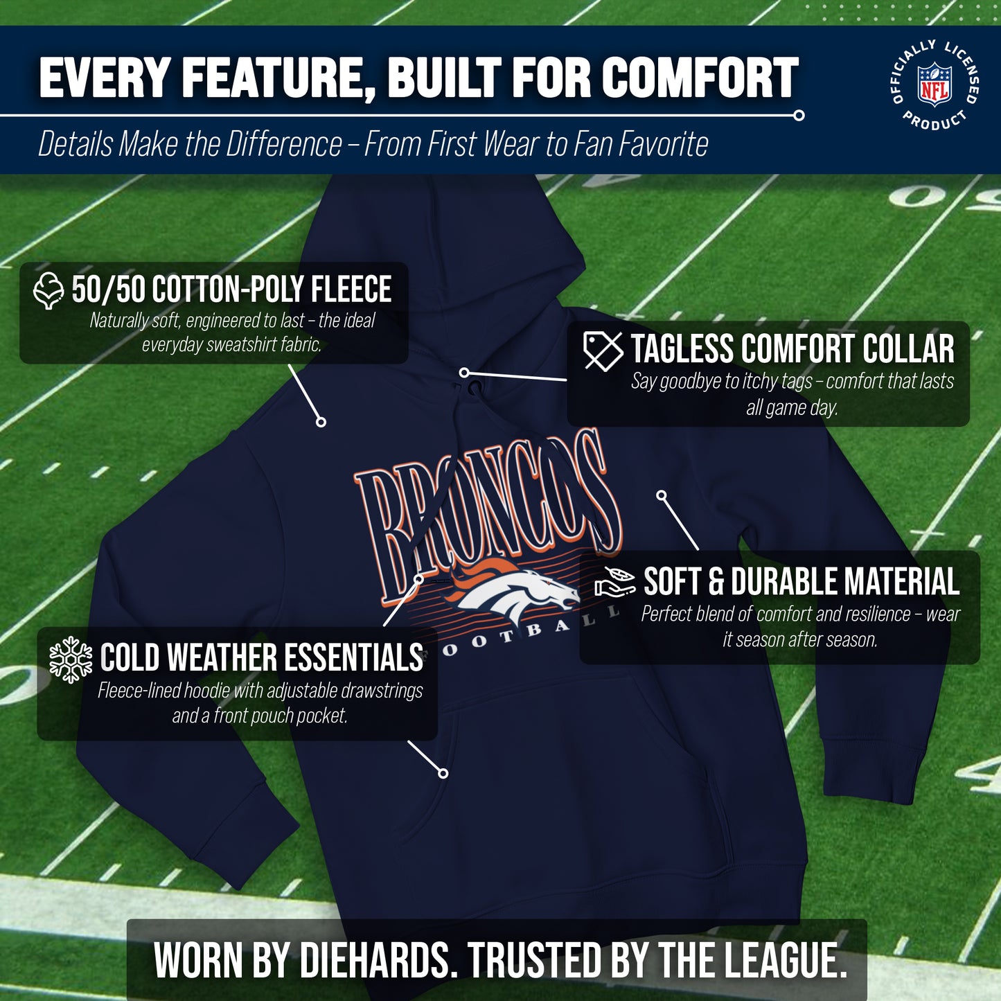 Denver Broncos NFL Adult Unisex Overtime Blueprint Soft Fleece Hooded Sweatshirt - Navy