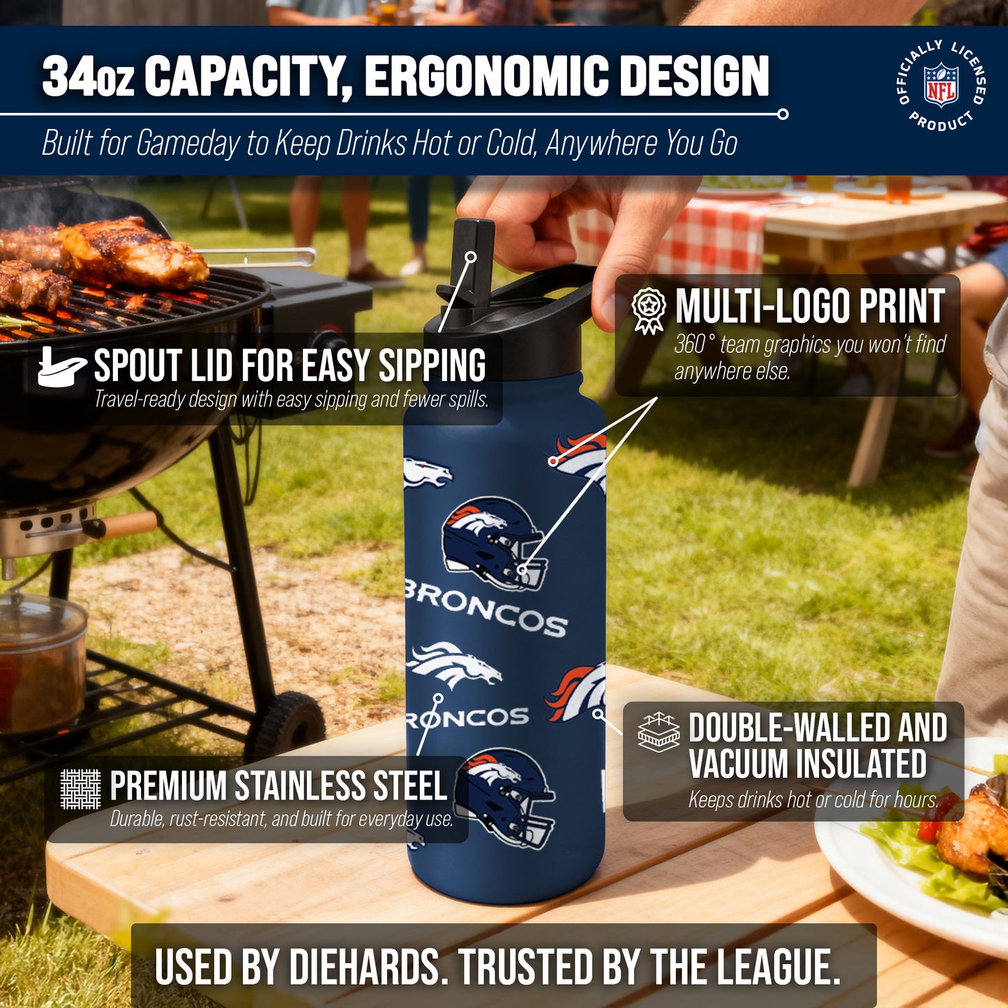 Denver Broncos NFL 34Oz Native Quencher Water Bottle - Navy