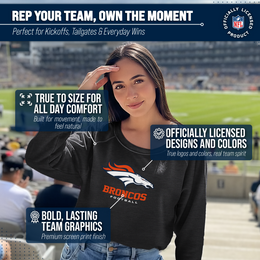 Denver Broncos Women's NFL Ultimate Fan Logo Slouchy Crewneck -Tagless Fleece Lightweight Pullover - Charcoal