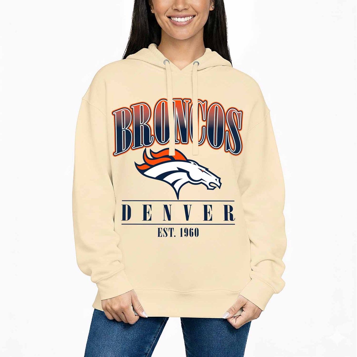 Denver Broncos Ladies NFL Starstruck Fleece Pullover Hooded Sweatshirt - Cream