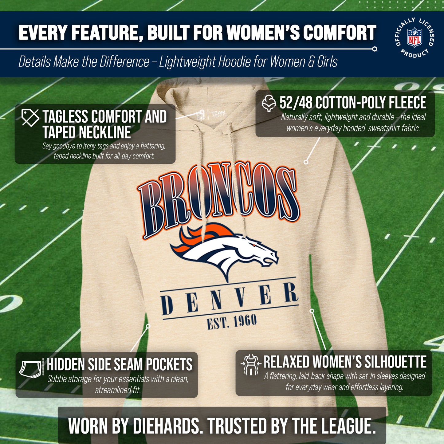 Denver Broncos Ladies NFL Starstruck Fleece Pullover Hooded Sweatshirt - Cream