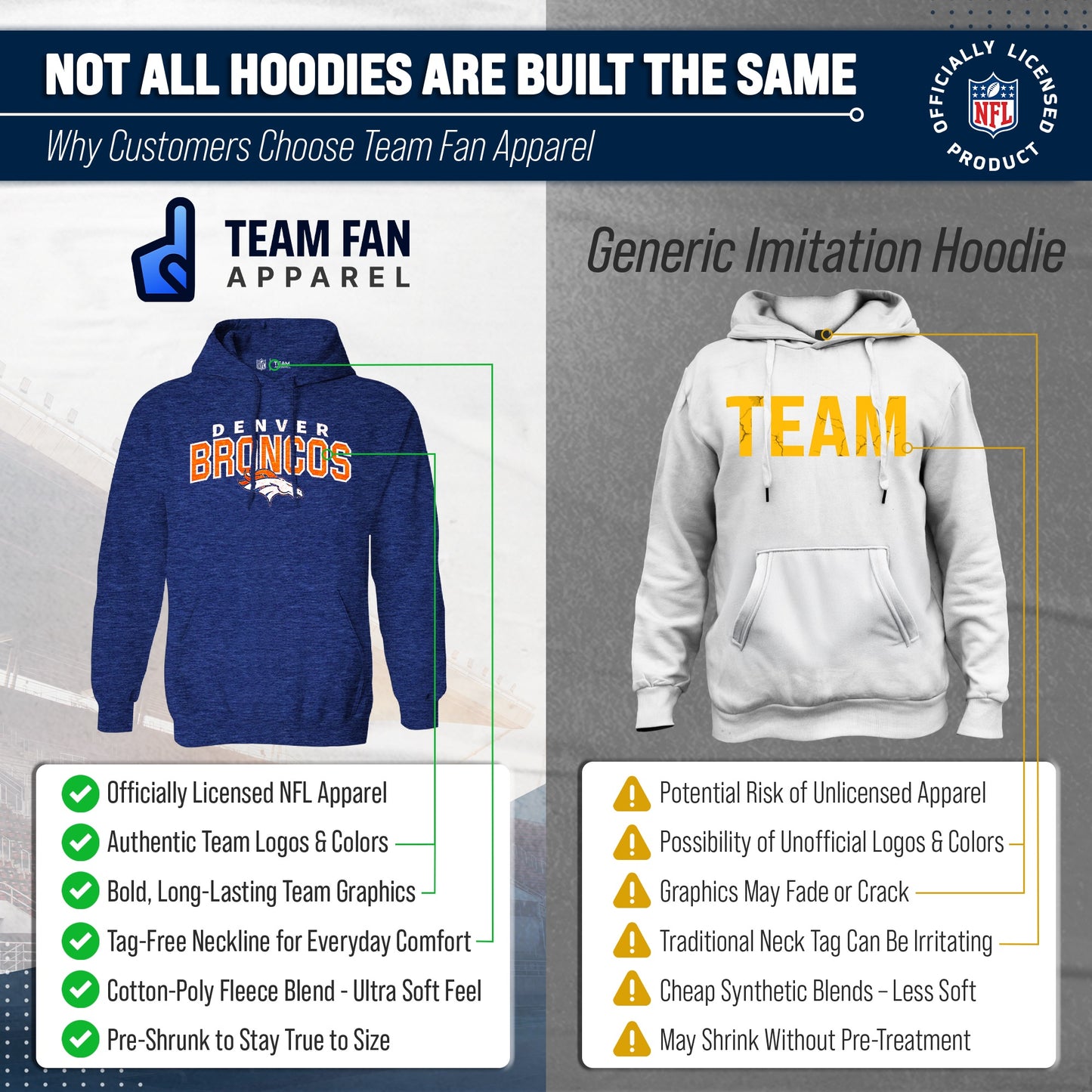 Denver Broncos NFL Adult Unisex Starting Fresh Ultra Soft Fleece Hooded Sweatshirt - Navy