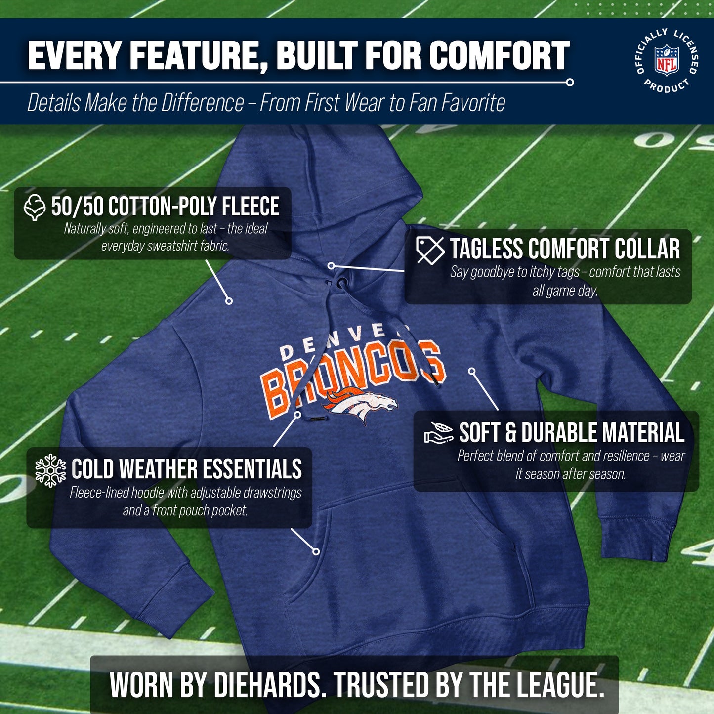Denver Broncos NFL Adult Unisex Starting Fresh Ultra Soft Fleece Hooded Sweatshirt - Navy