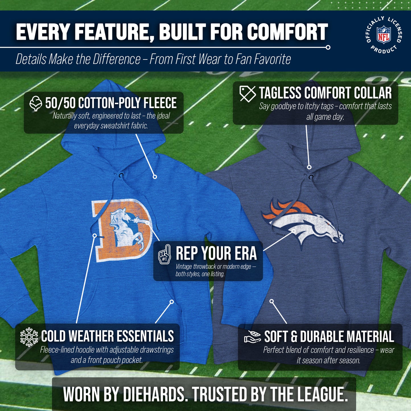 Denver Broncos NFL Adult Unisex Modern Throwback Ultra Soft Fleece Hooded Sweatshirt - Royal