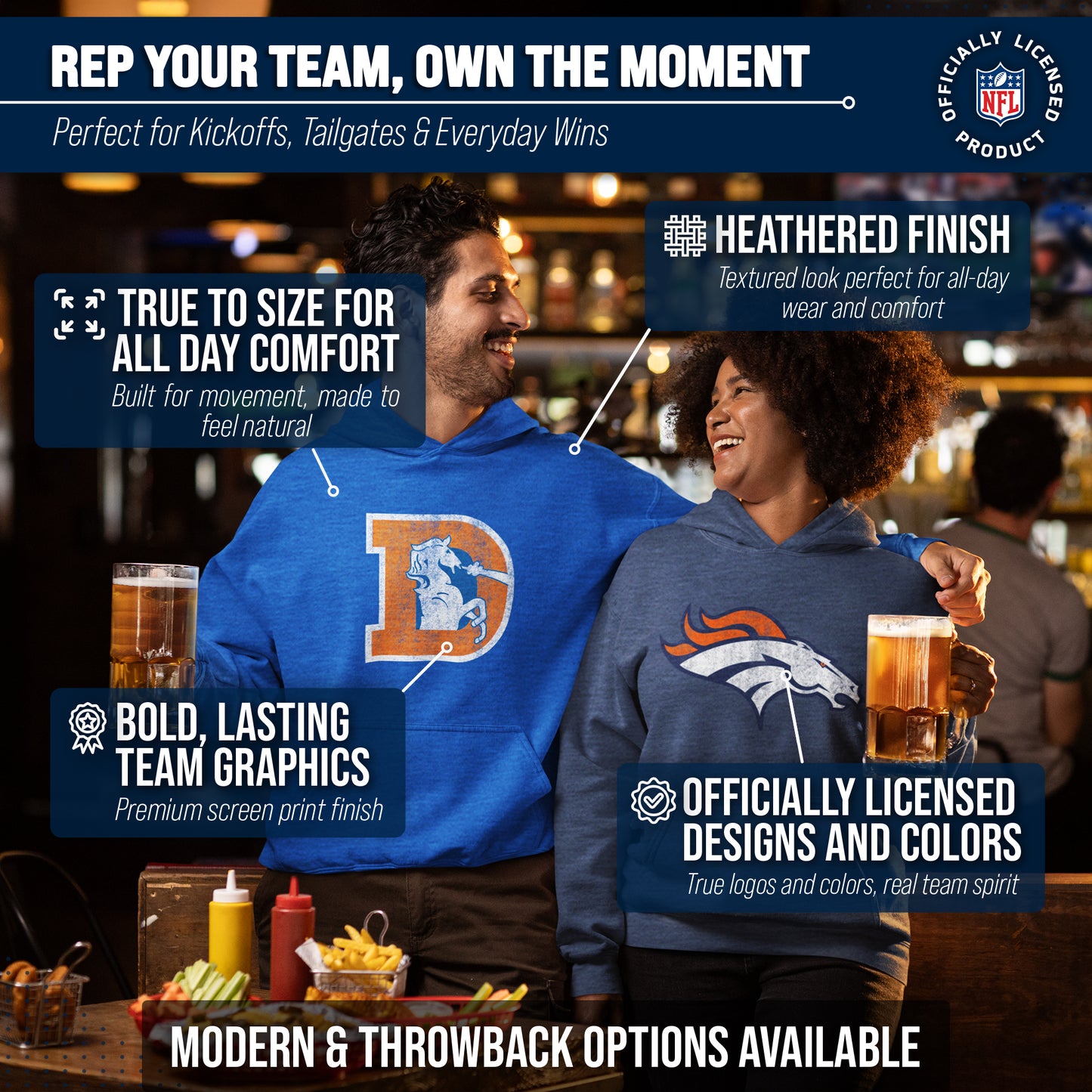 Denver Broncos NFL Adult Unisex Modern Throwback Ultra Soft Fleece Hooded Sweatshirt - Royal